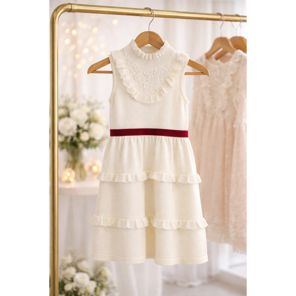 Janie and Jack Knit Dress‎ Girls 6 Cream and Sugar Ruffle Holiday Party Dressy
